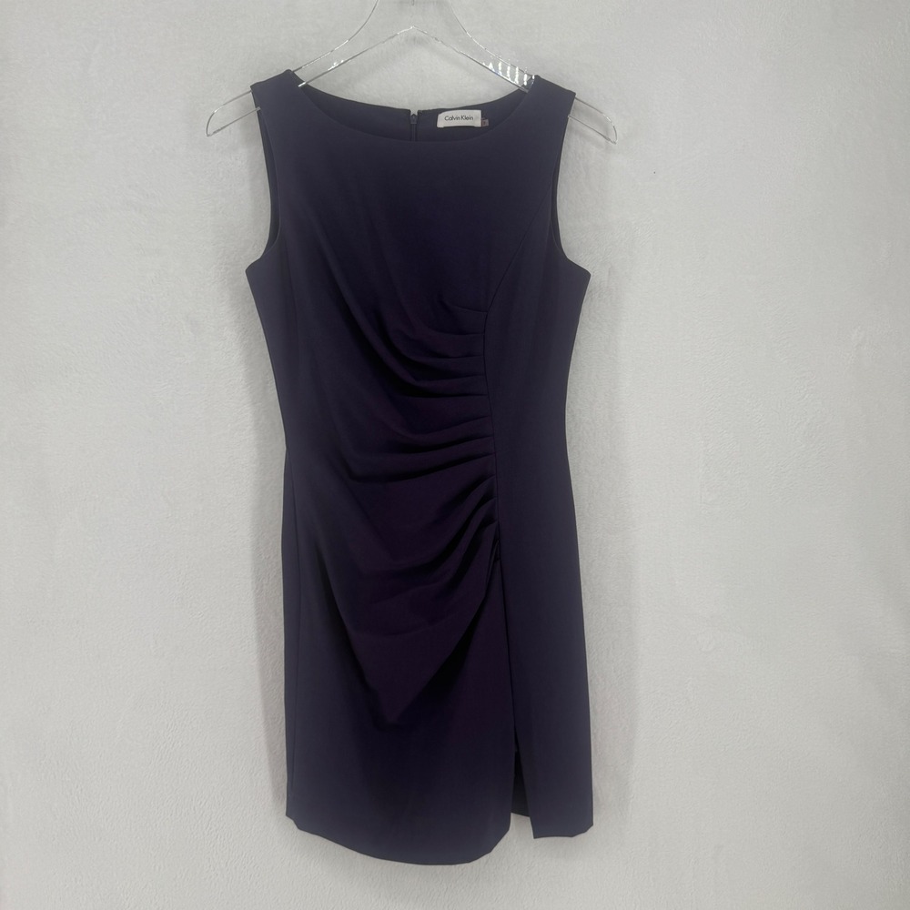 Calvin Klein Sheath Dress Womens 2 Purple Ruched Sleeveless Cocktail Career